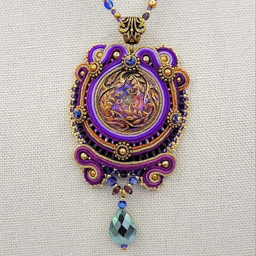 Pendant Necklace Czech Button Soutache #2077